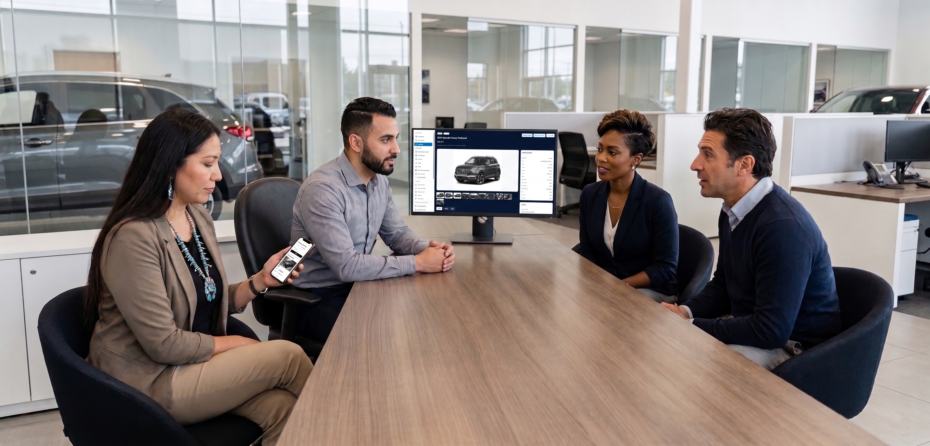 Dealership team reviewing MotorOS vehicle inventory on monitor and phone
