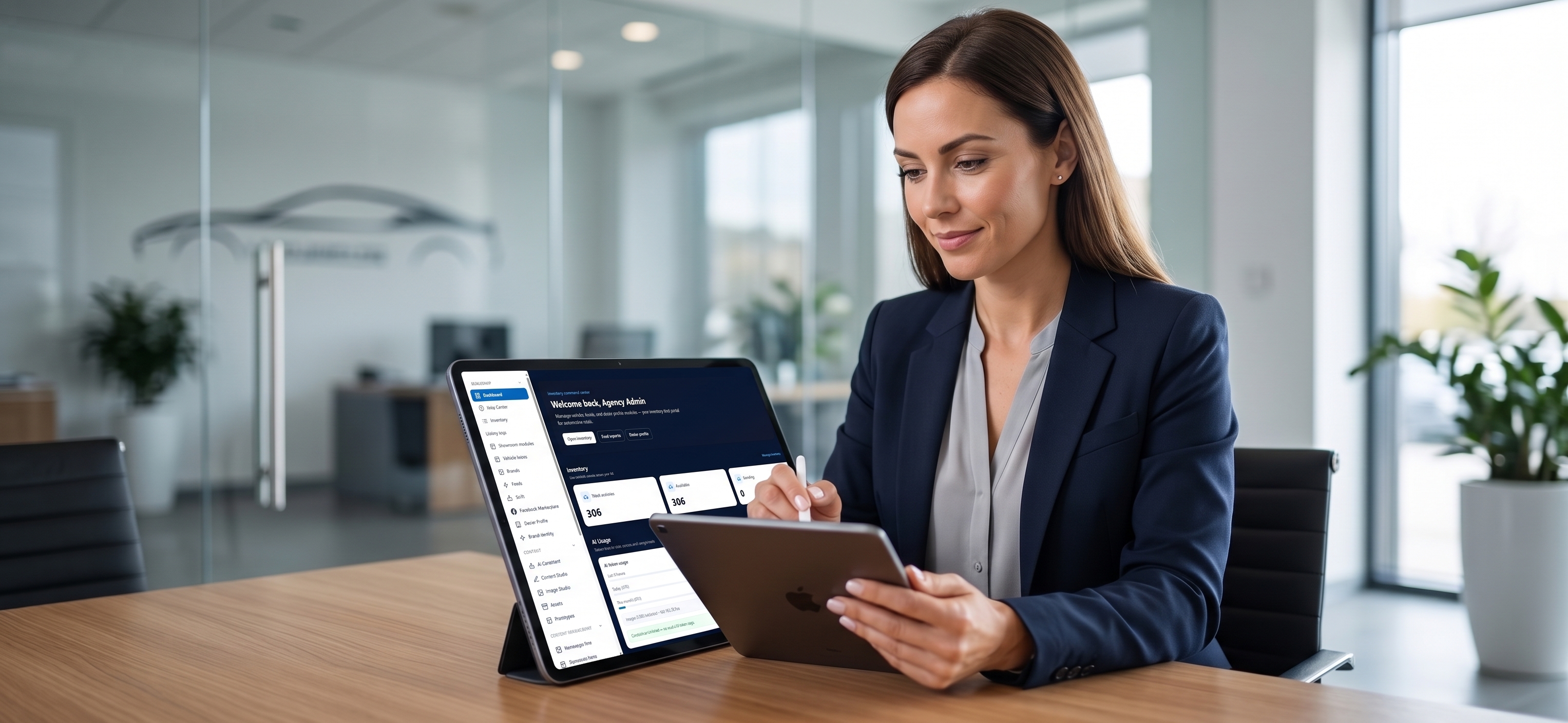 Dealer using MotorOS on tablet and laptop in a modern dealership office