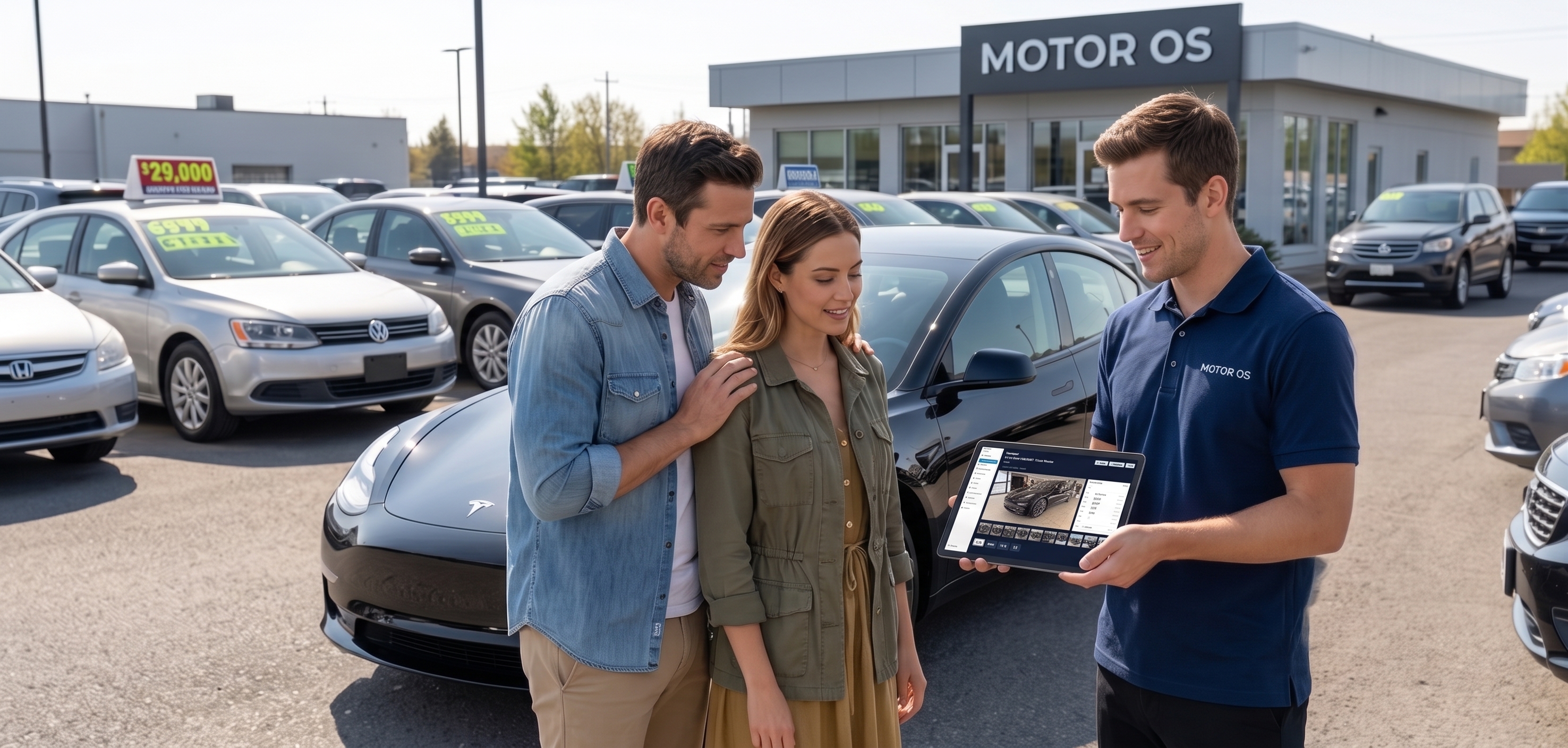 MotorOS salesperson showing inventory on a tablet to customers on the dealership lot