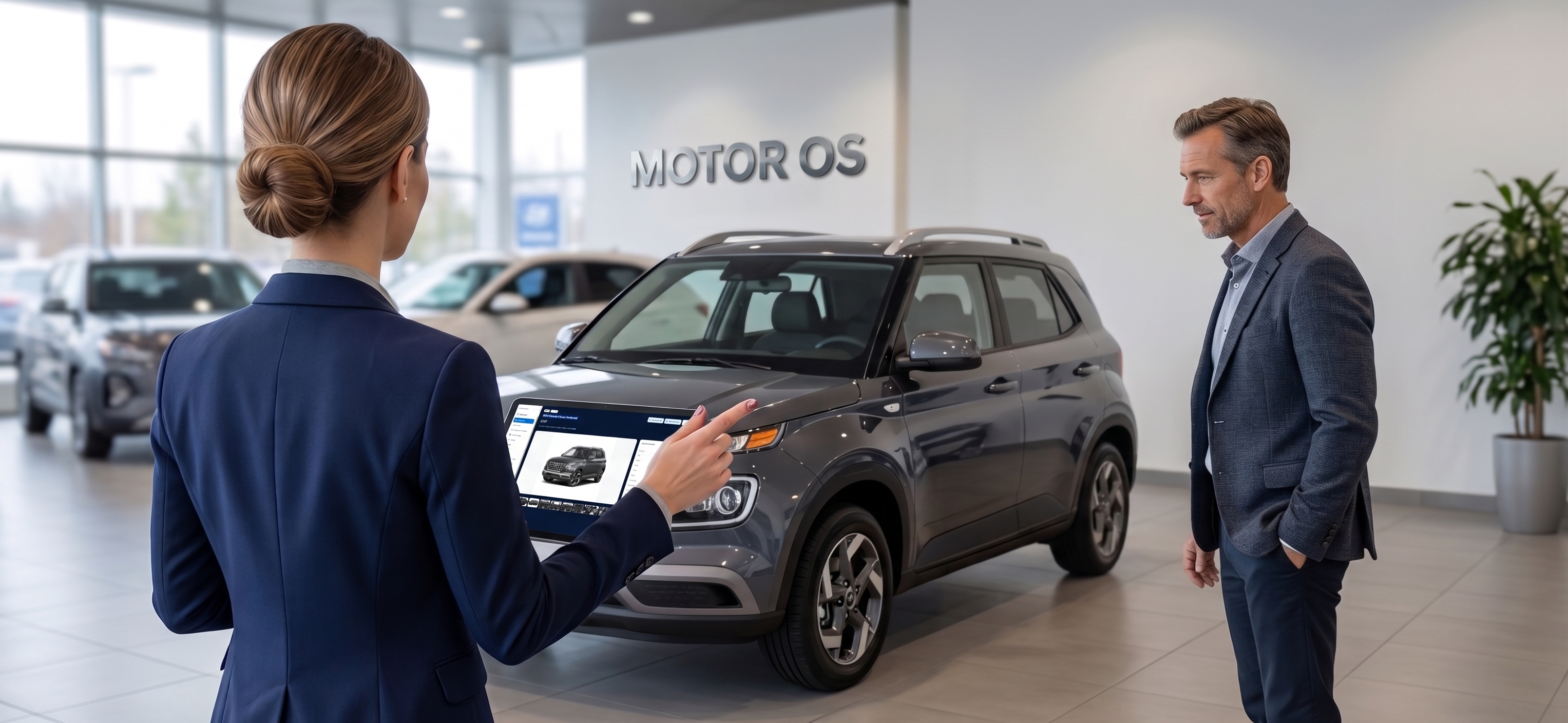 MotorOS showroom consultation with digital vehicle display